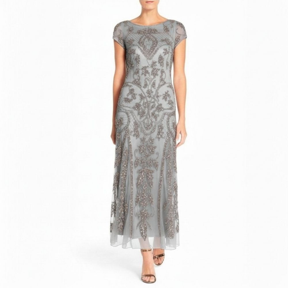 Pisarro Nights Beaded Mesh Overlay Art Deco Flapper Style Column Gown Dress 16
